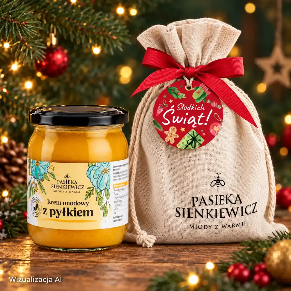 Krem miodowy 670 g z lnianym woreczkiem, czerwoną wstążką i świąteczną zawieszką